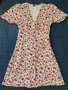 Old Navy V-Neck Pink & Rust Floral Midi Dress - Like New - Size Small